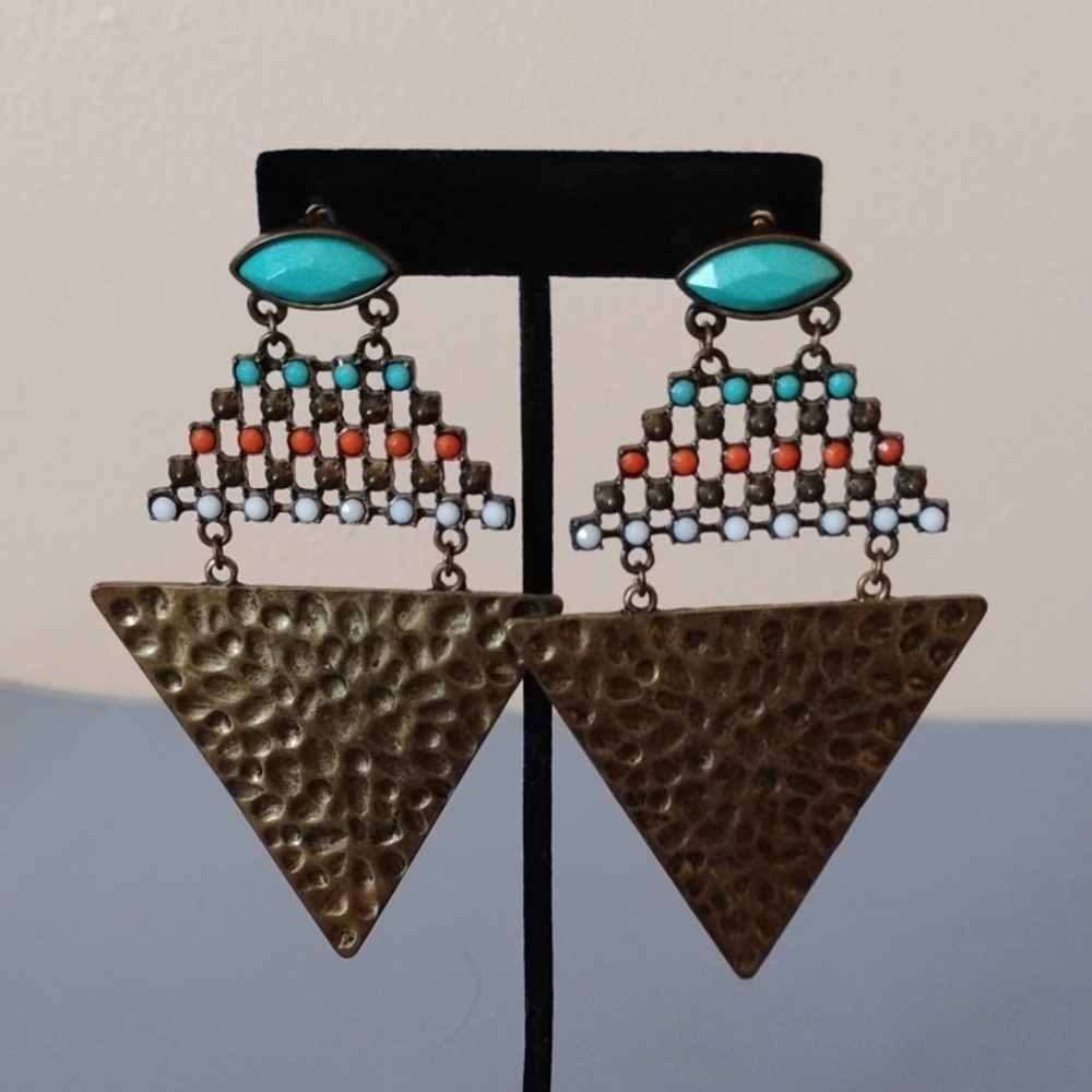 Bohemian Design Southwestern Style Beaded Geometric Hammered Metal Earrings